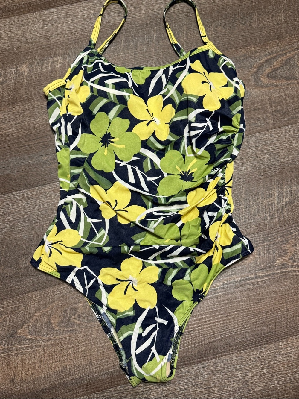 Vintage Baltex Navy, Green, Yellow Hawaiian Floral One Piece Swimsuit 16L (Tall)